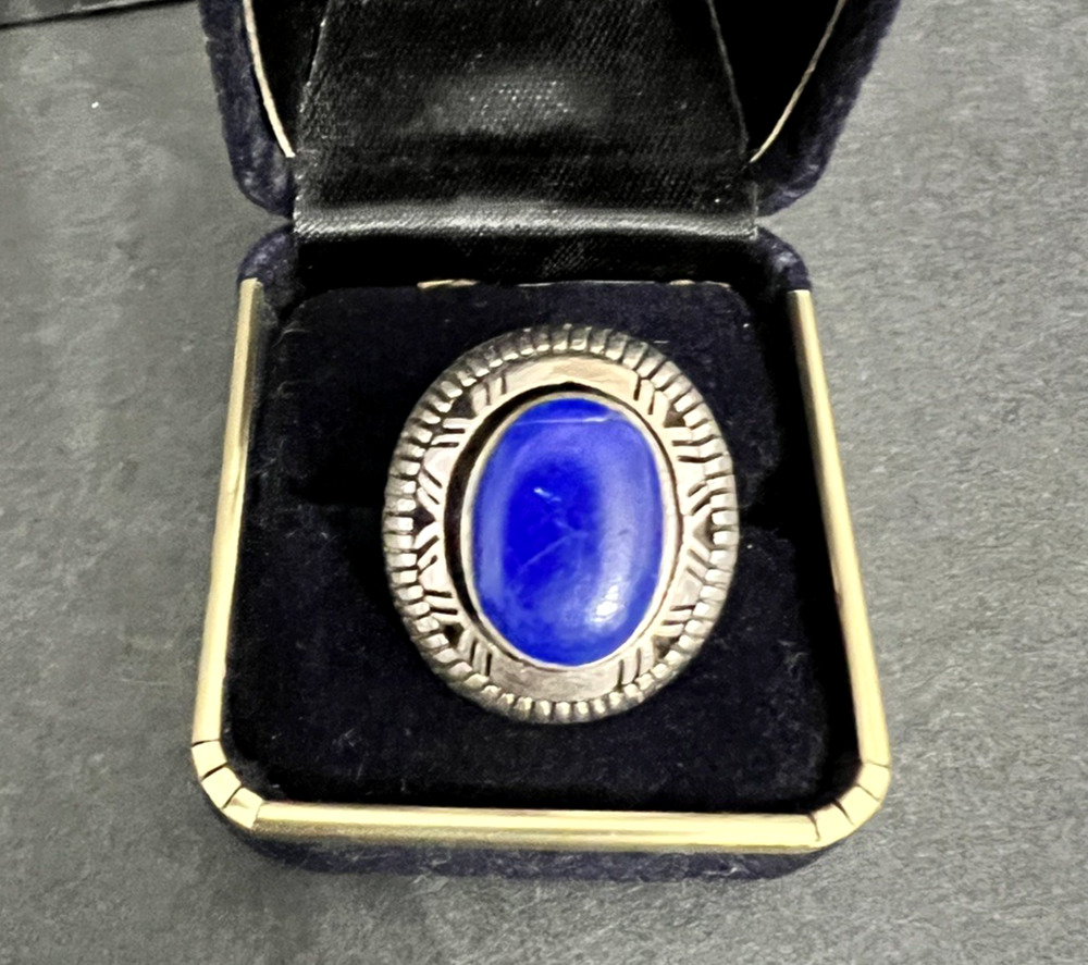 Signed Handcrafted Tribal Southwestern Ring Sterling Silver and Lapis Lazuli 6.5